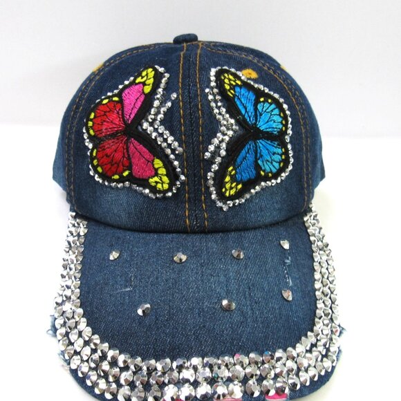 Women's Sparkle Butterfly Blue Denim Vintage Distressed Baseball Hat Cap NEW - Picture 1 of 4